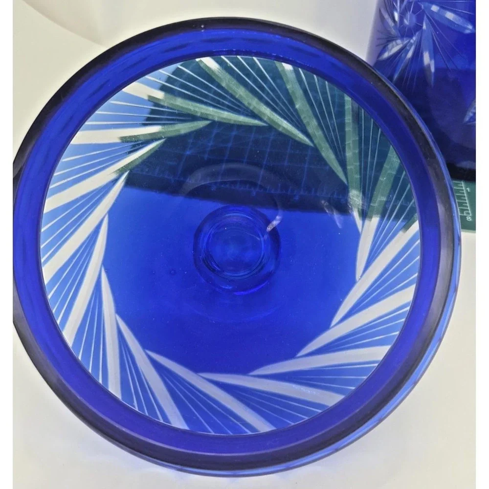 Bohemian Czech Cobalt Blue Cut to Clear‎ Pinwheel Biscuit Cookie Jar Ice Bucket